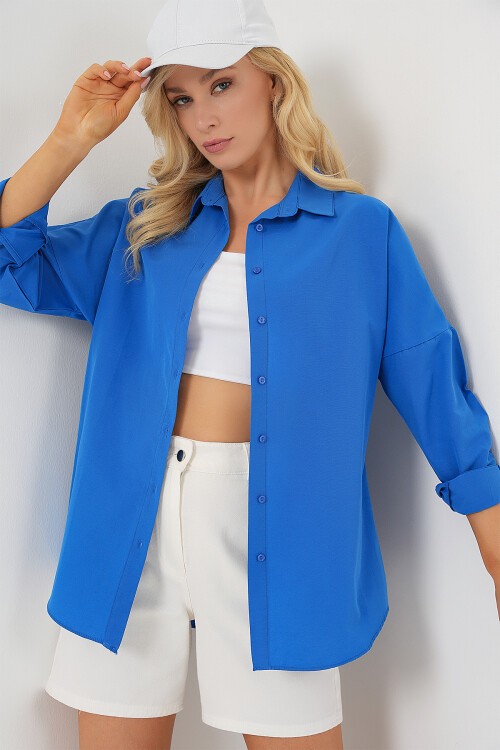 Merterium 3900 Oversize Uzun Basic Gömlek - B.Mavi