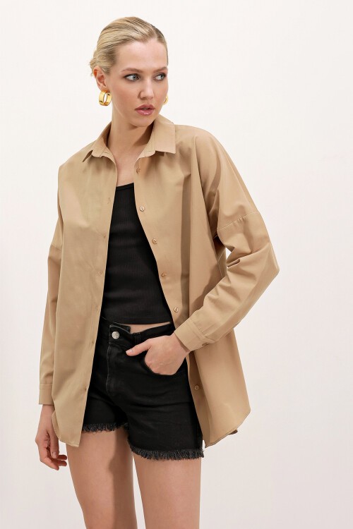 Merterium 3900 Oversize Uzun Basic Gömlek - Bisküvi