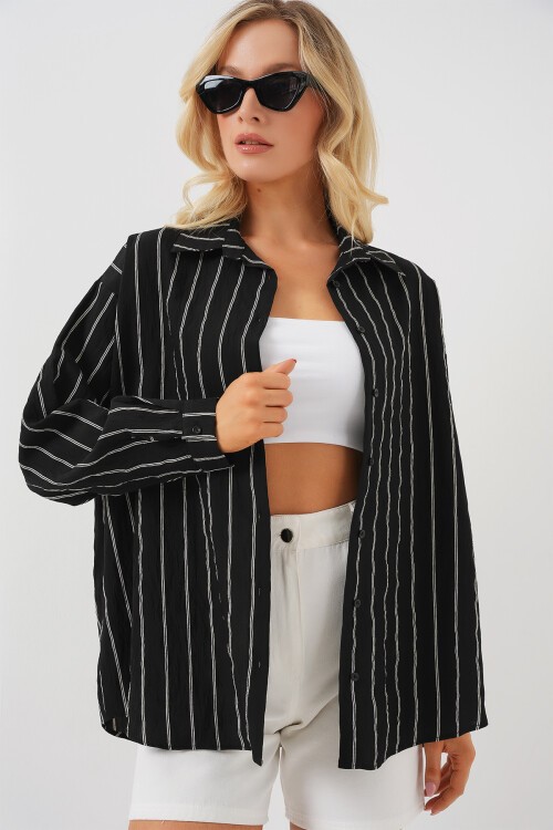 Merterium 3900 Oversize Uzun Basic Gömlek - C. Siyah