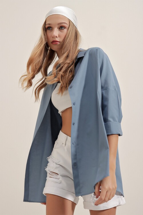 Merterium 3900 Oversize Uzun Basic Gömlek - İndigo