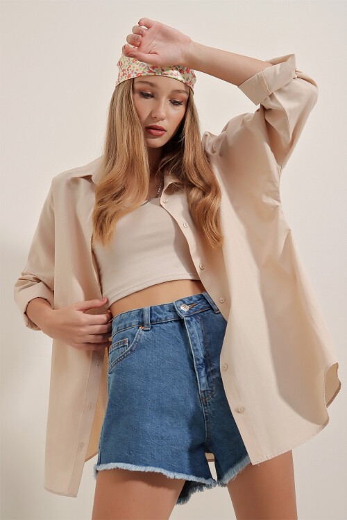 Merterium 3900 Oversize Uzun Basic Gömlek - Krem