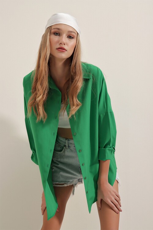 Merterium 3900 Oversize Uzun Basic Gömlek - Yeşil