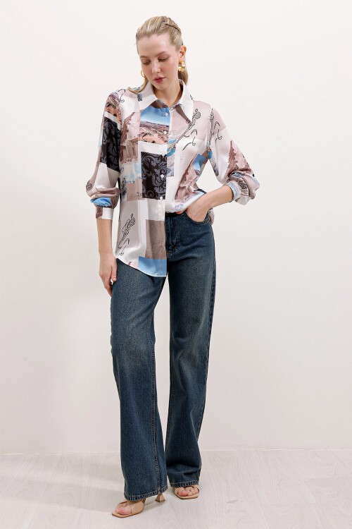 Merterium 3964 Hafif Dökümlü Saten Gömlek - A.Bej