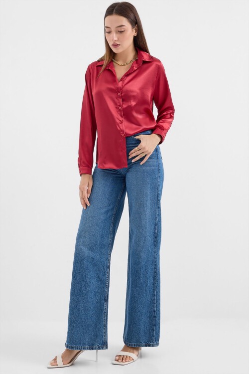 Merterium 3964 Hafif Dökümlü Saten Gömlek - A.Bordo