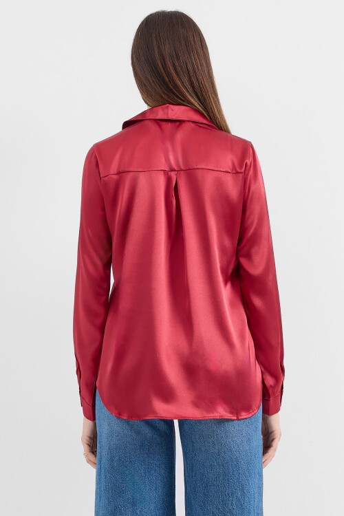 Merterium 3964 Hafif Dökümlü Saten Gömlek - A.Bordo