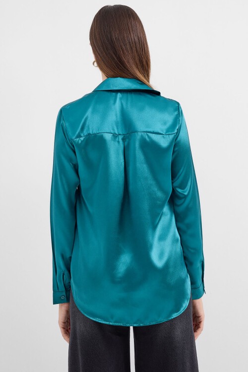 Merterium 3964 Hafif Dökümlü Saten Gömlek - A.Yeşil