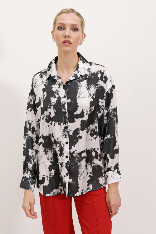 Merterium 3964 Hafif Dökümlü Saten Gömlek - L. Siyah