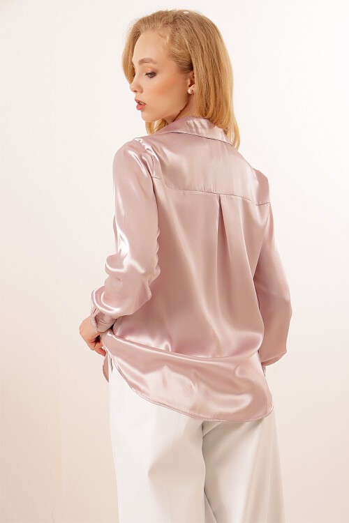 Merterium 3964 Hafif Dökümlü Saten Gömlek - Pudra