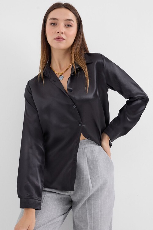 Merterium 3964 Hafif Dökümlü Saten Gömlek - Siyah