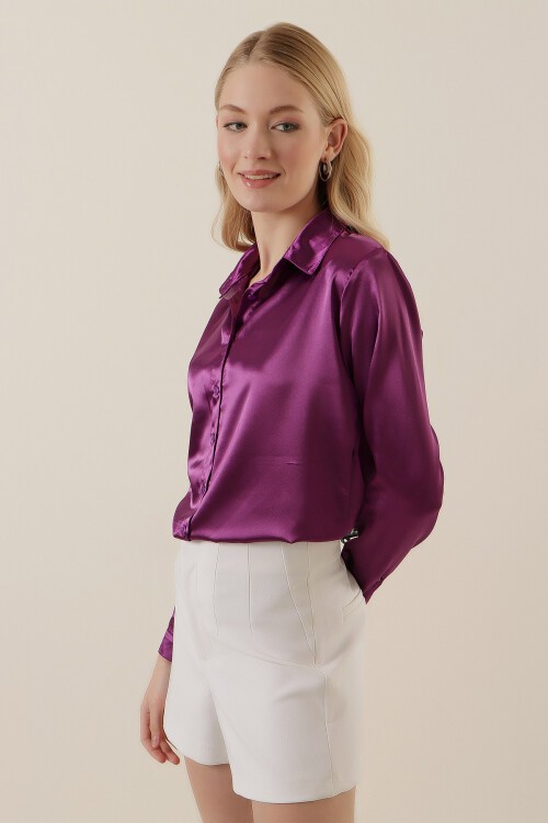 Merterium 3964 Hafif Dökümlü Saten Gömlek - Y. Mor