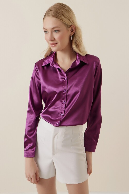 Merterium 3964 Hafif Dökümlü Saten Gömlek - Y. Mor