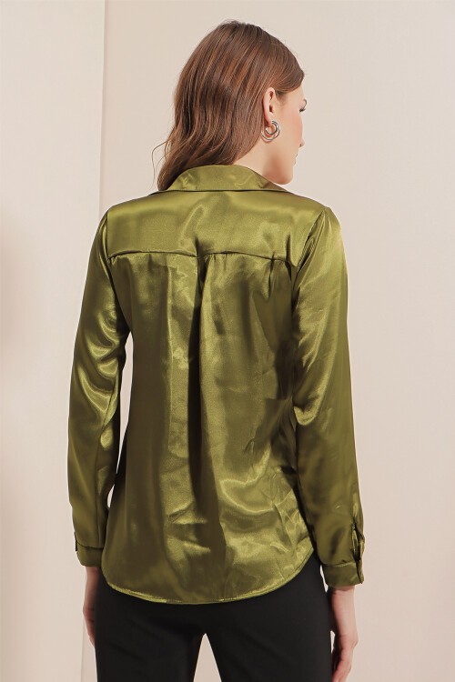 Merterium 3964 Hafif Dökümlü Saten Gömlek - Y.Haki