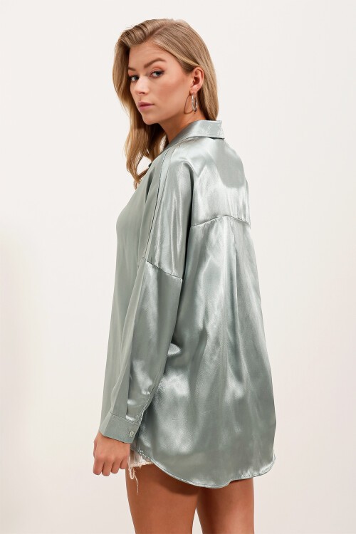 Merterium 3985 Oversize Saten Gömlek - Çağla