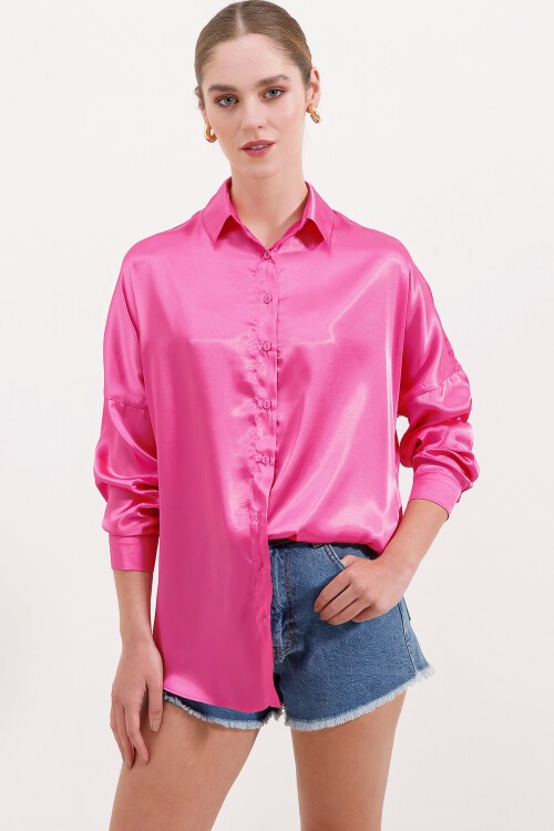 Merterium 3985 Oversize Saten Gömlek - Fuşya