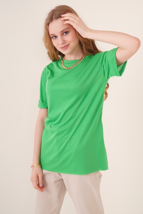 Merterium 4123 Yırtmaçlı Oversize Tişört - Yeşil