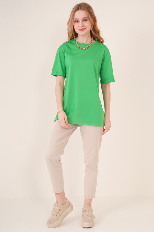 Merterium 4123 Yırtmaçlı Oversize Tişört - Yeşil