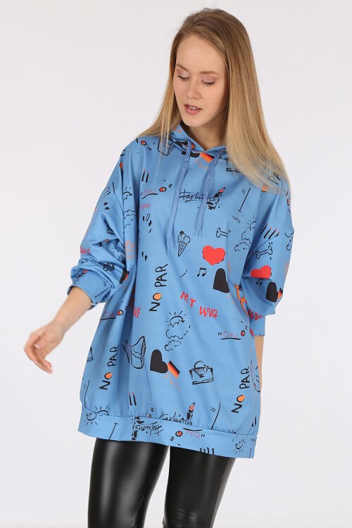 Merterium 4289 Kapüşonlu Oversize Sweatshirt - İndigo
