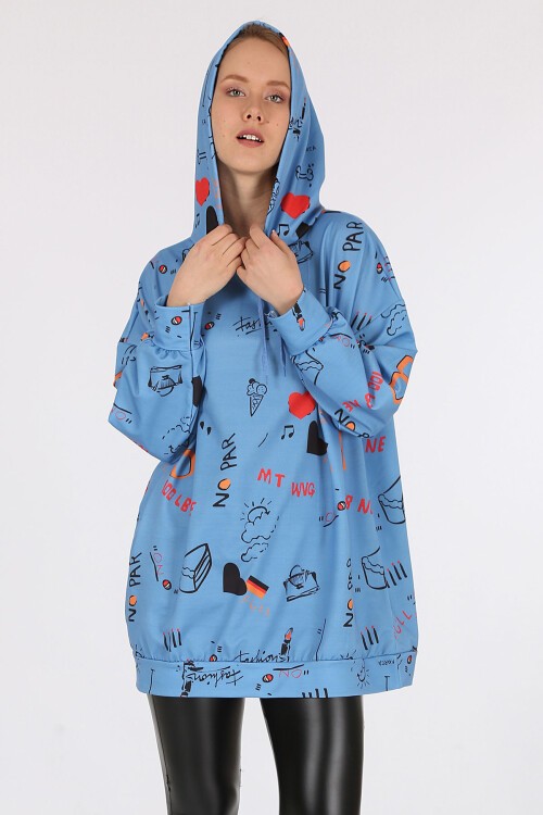 Merterium 4289 Kapüşonlu Oversize Sweatshirt - İndigo