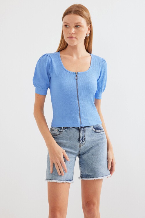 Merterium 4316 Fermuarlı Örme Bluz - Mavi