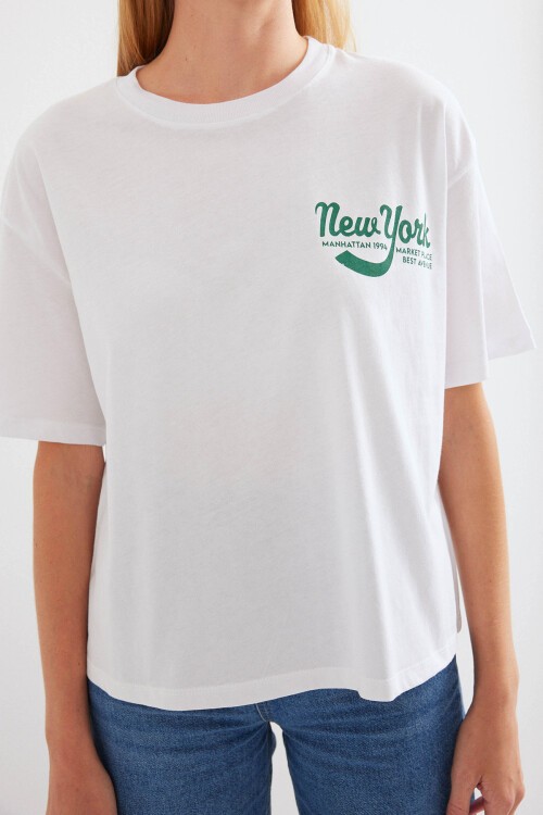 Merterium 4318 Baskılı Basic Tişört - Beyaz