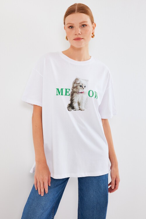 Merterium 4319 Baskılı Oversize Tişört - Beyaz