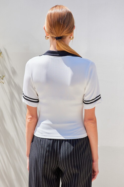 Merterium 4320 Polo Yaka Basic Triko Bluz - Beyaz