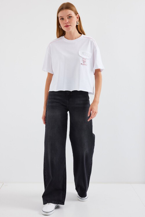 Merterium 4321 Cep Detaylı Oversize Tişört - Beyaz