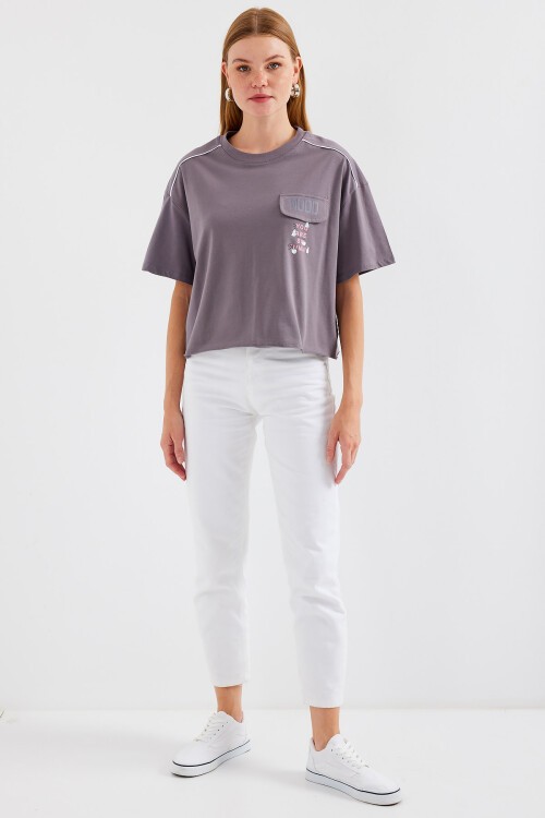 Merterium 4321 Cep Detaylı Oversize Tişört - Gri