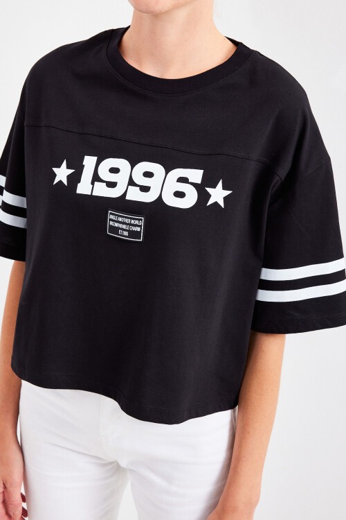 Merterium 4322 Baskılı Oversize Basic Tişört - Siyah
