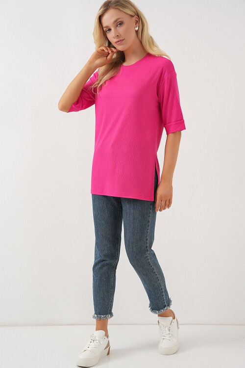 Merterium 4332 Yanı Yırtmaçlı Örme Tişört - Fuşya