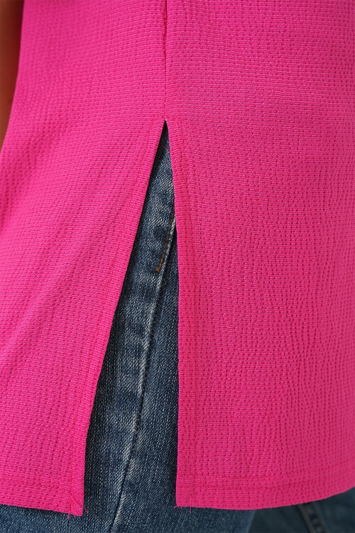 Merterium 4332 Yanı Yırtmaçlı Örme Tişört - Fuşya