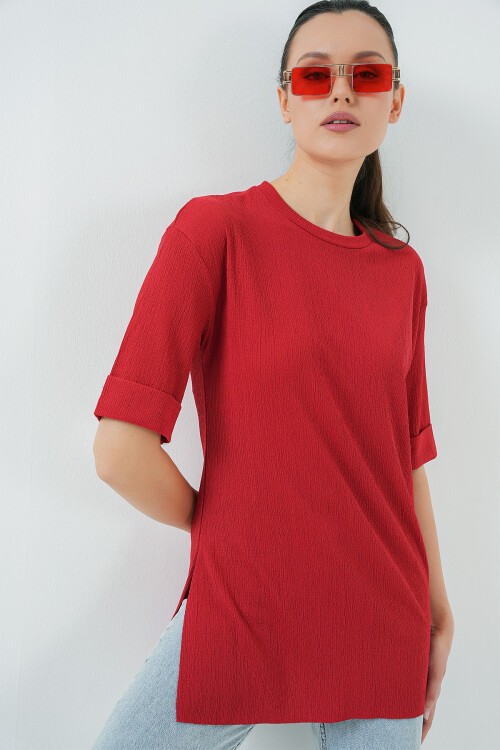 Merterium 4332 Yanı Yırtmaçlı Örme Tişört - Kırmızı