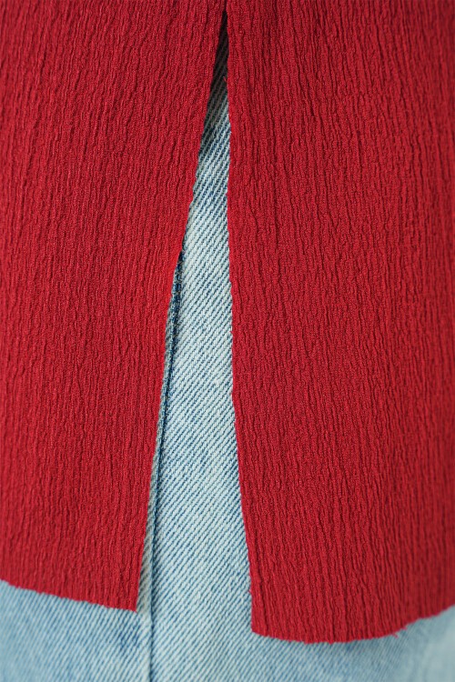 Merterium 4332 Yanı Yırtmaçlı Örme Tişört - Kırmızı