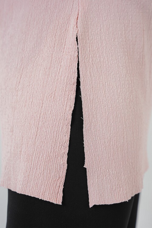 Merterium 4332 Yanı Yırtmaçlı Örme Tişört - Pudra