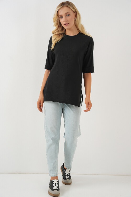 Merterium 4332 Yanı Yırtmaçlı Örme Tişört - Siyah