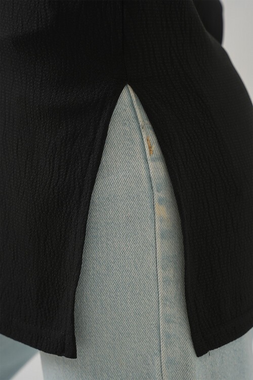 Merterium 4332 Yanı Yırtmaçlı Örme Tişört - Siyah