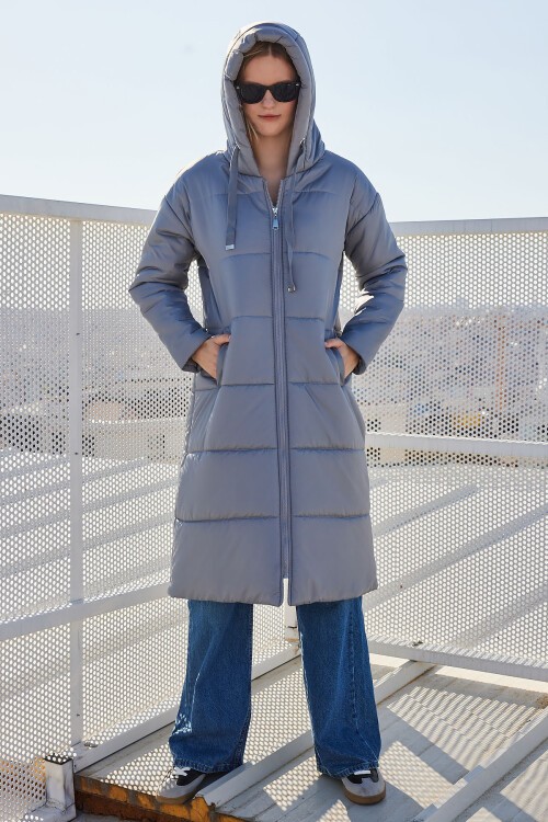 Merterium 5120 Kapşonlu Uzun Şişme Mont - Gri