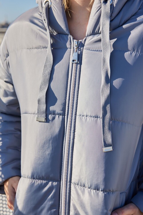 Merterium 5120 Kapşonlu Uzun Şişme Mont - Gri