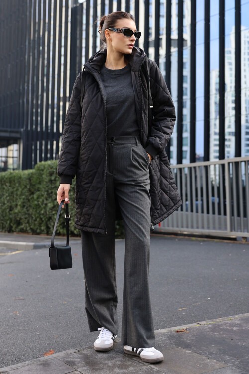 Merterium 5138 Kapitone Uzun Şişme Mont - Siyah