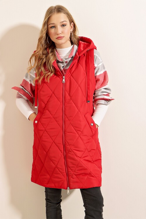 Merterium 5140 Kapşonlu Uzun Şişme Yelek - Kırmızı