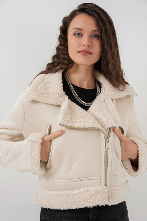 Merterium 5155 Kruvaze Yaka Suni Kürklü Deri Mont - A.Beyaz