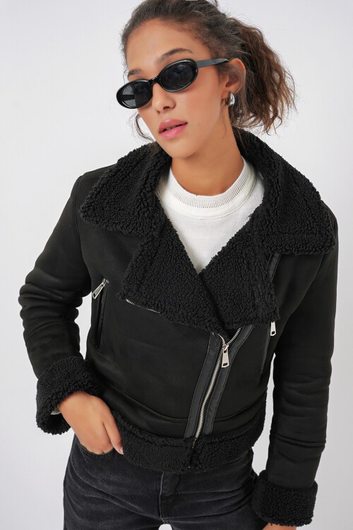 Merterium 5155 Kruvaze Yaka Suni Kürklü Deri Mont - Siyah