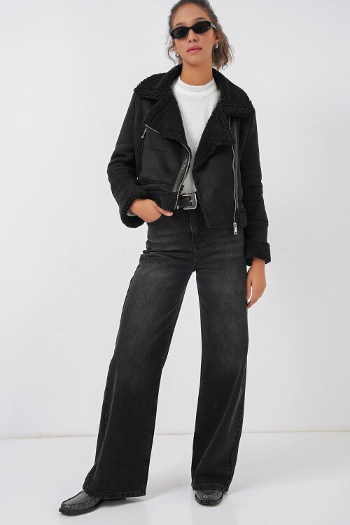 Merterium 5155 Kruvaze Yaka Suni Kürklü Deri Mont - Siyah