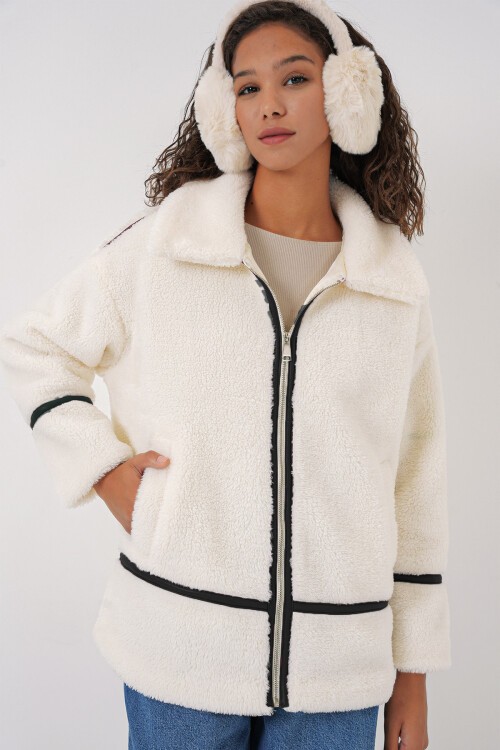 Merterium 5173 Astarlı Peluş Ceket - Ekru