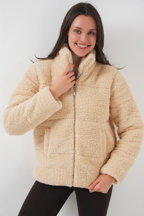 Merterium 5178 Astarlı Peluş Mont - Krem