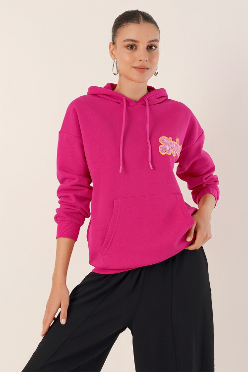 Merterium 55424 Nakışlı Oversize Sweatshirt - Fuşya