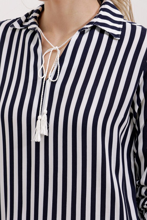 Merterium 5613 Yaka Bağcıklı Çizgili Tunik - Lacivert