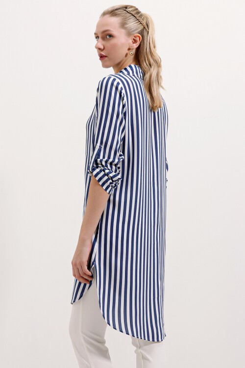 Merterium 5613 Yaka Bağcıklı Çizgili Tunik - Mavi