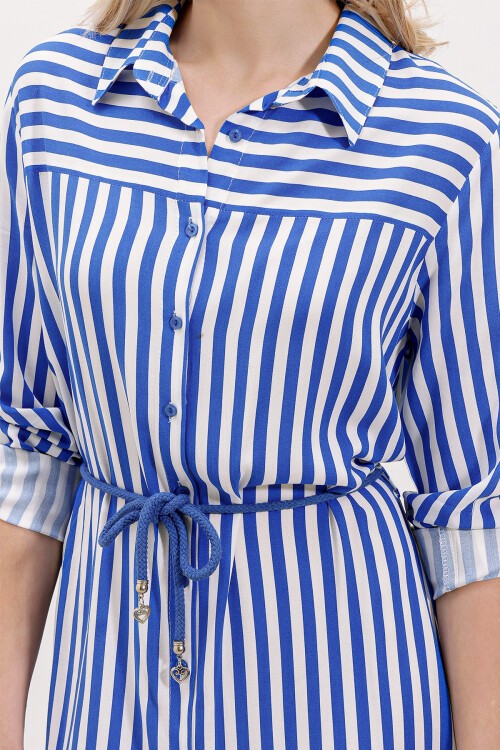 Merterium 5629 Çizgili Kemerli Elbise - Saks