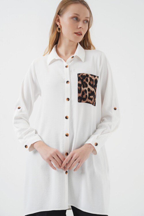 Merterium 5851 Cep Detaylı Gömlek Tunik - Beyaz